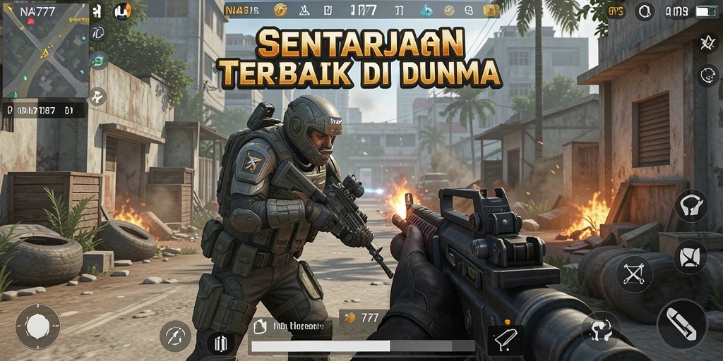 Tangkapan layar utama NA777 menampilkan pertempuran seru dalam FPS.